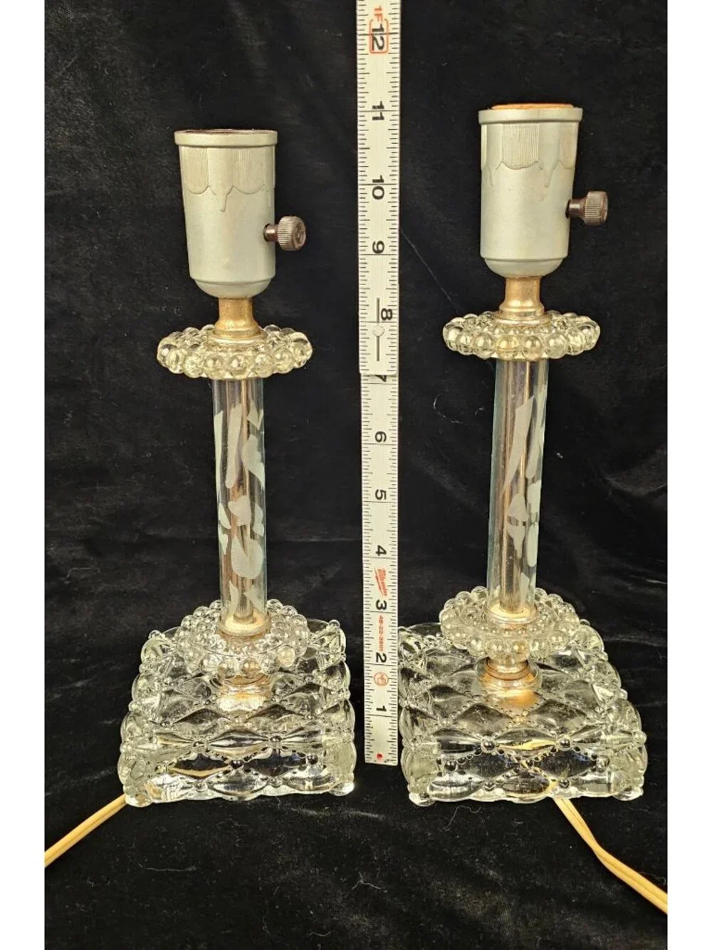 Vintage Pair Of Berwick Crystal Table Lamps With Etched Glass Columns & Candlewi